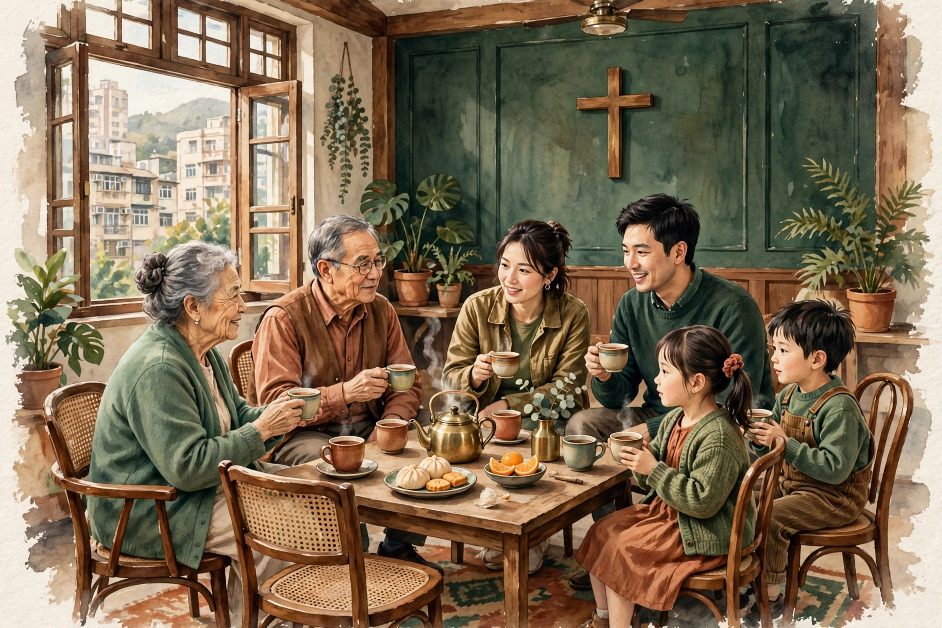 插圖：長者、成人與兒童在教會內圍坐喝茶交談，牆上掛有木十字架